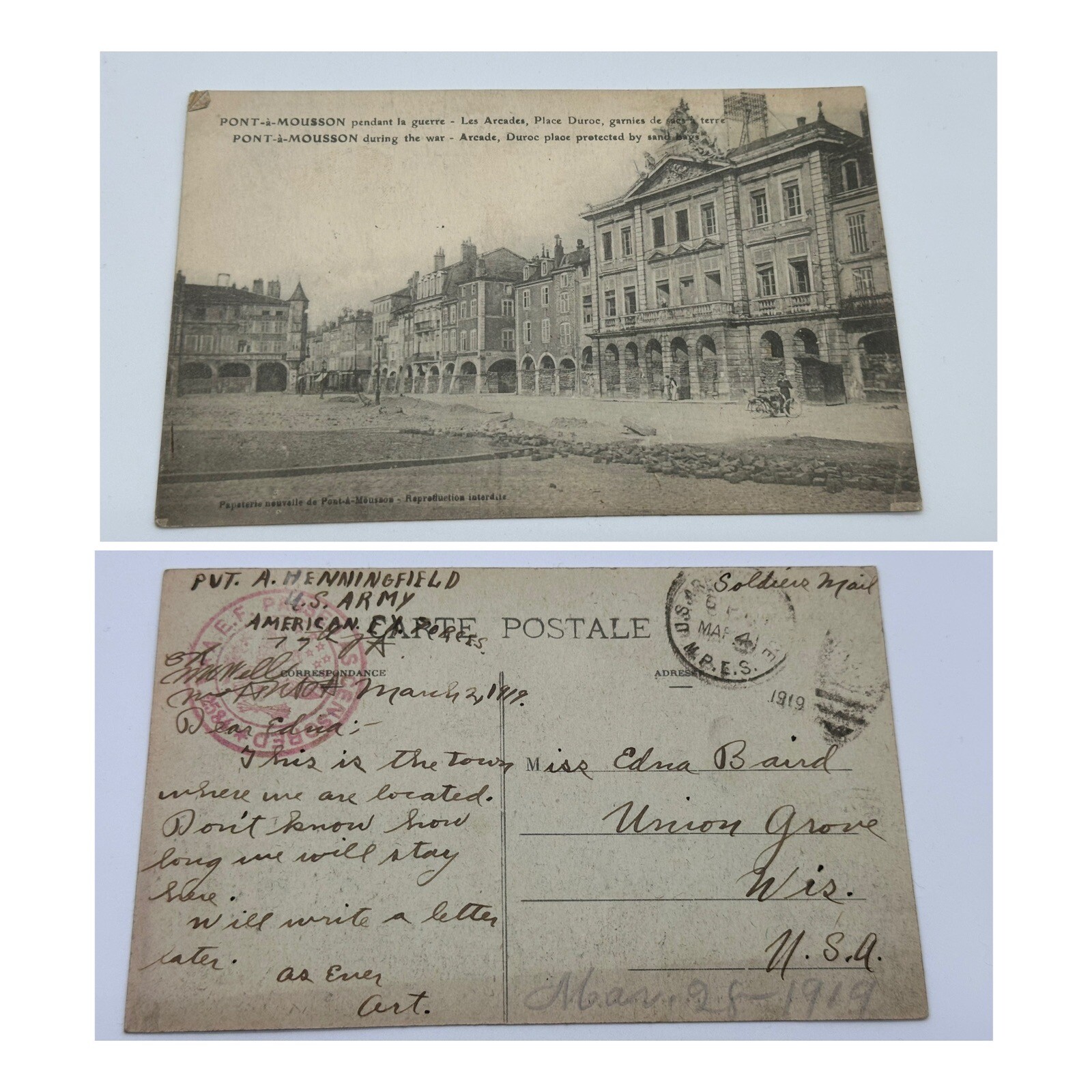 WWI Soldier Postcard Letter Home Dated 1919 Union Grove Wisconsin WWI Soldier Postcard Letter Home Dated 1919 Union Grove Wisconsin