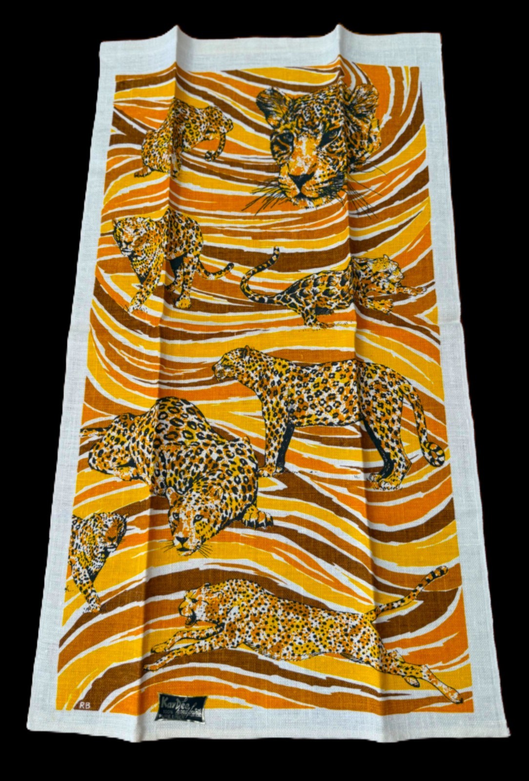MWT 60s Kay Dee Handprints LEOPARDS Pure Linen Tea Towel Wall Art Signed RB MWT 60s Kay Dee Handprints LEOPARDS Pure Linen Tea Towel Wall Art Signed RB