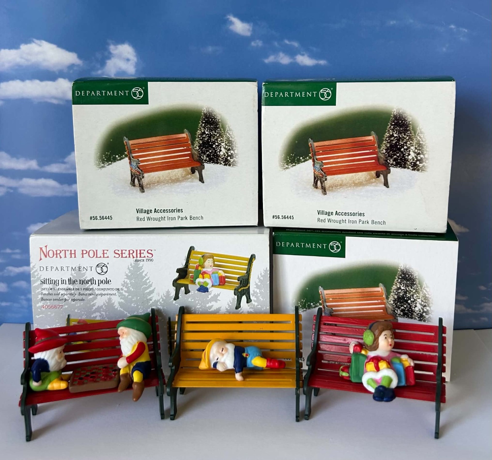 DEPT 56 North Pole SITTING AT THE NORTH POLE and 3 BENCHES Rare, Christmas, Elf DEPT 56 North Pole SITTING AT THE NORTH POLE and 3 BENCHES Rare, Christmas, Elf