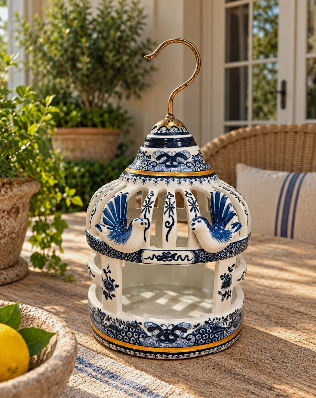 Vintage Chinese Blue White Porcelain Bird Feeder Brass Hook Chinoiserie 15” Vintage Chinese Blue White Porcelain Bird Feeder Brass Hook Chinoiserie 15”