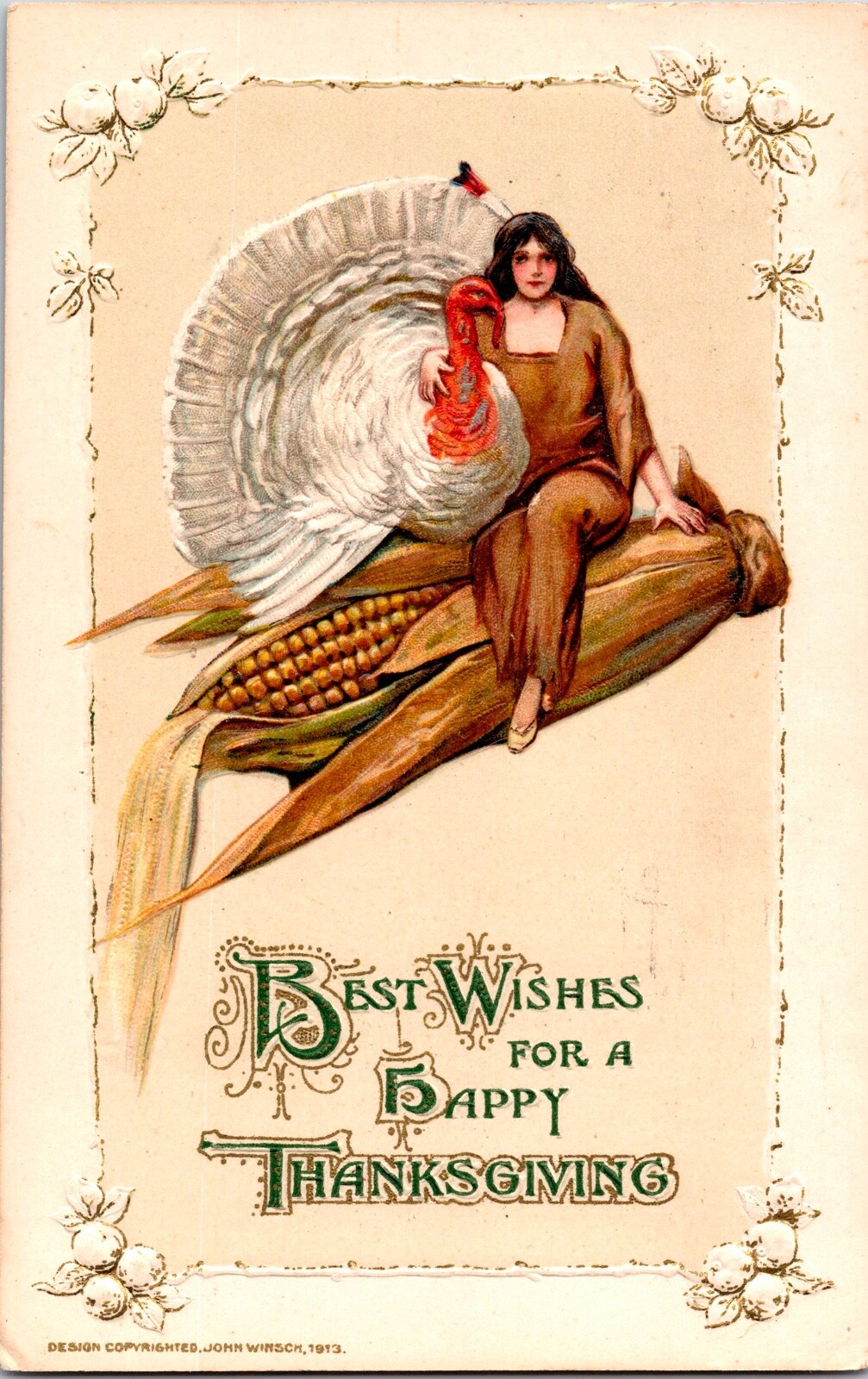 Vintage 1913 Schmucker Indian Winsch Girl & Turkey Thanksgiving Postcard UNUSUAL