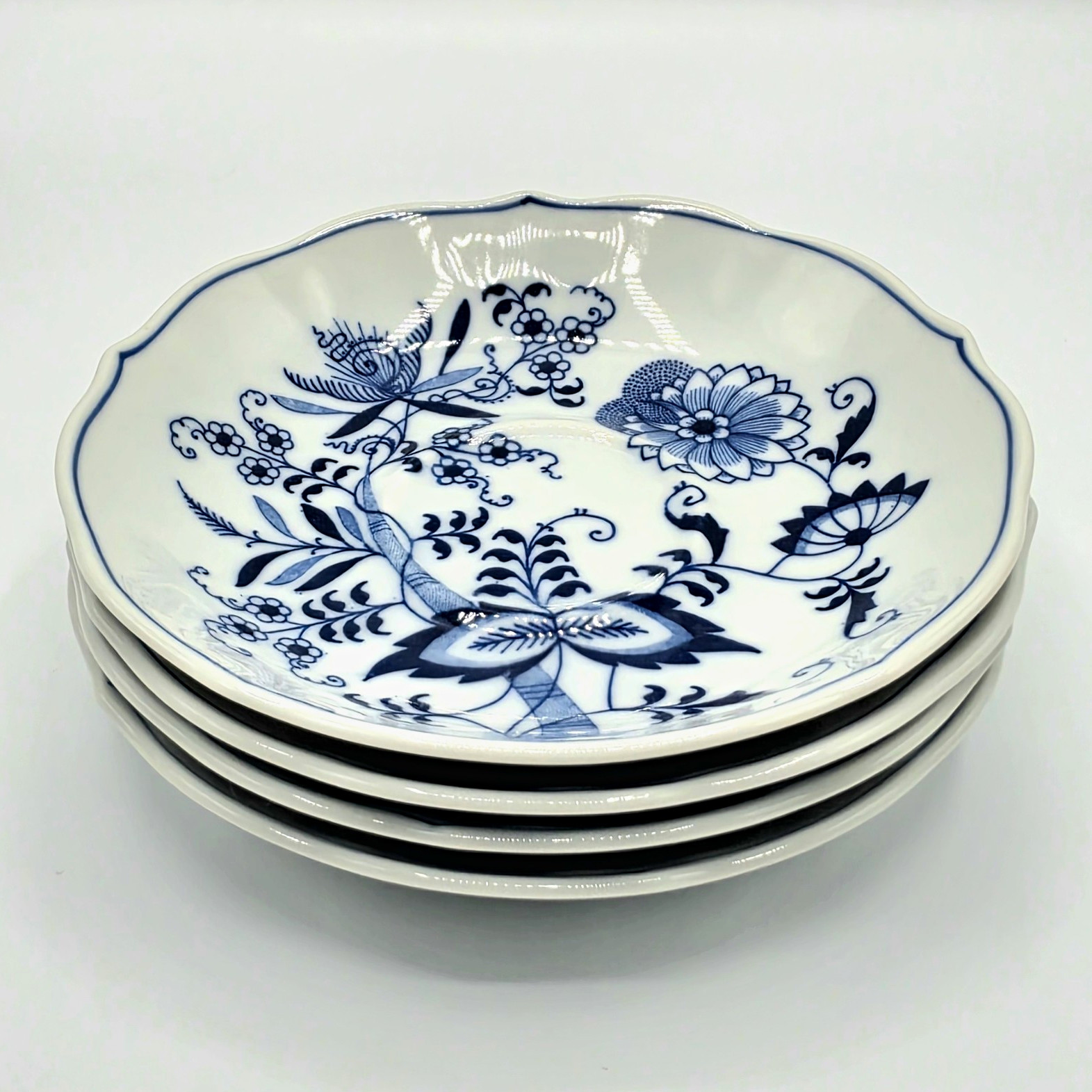 Blue Danube Blue Onion Japan Blue & White Porcelain Saucers Set of 4 Glossy