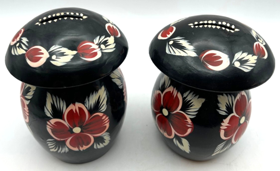 Vintage Wooden Mushroom Banks Set Hand Painted Floral Black Boho Decor Pair