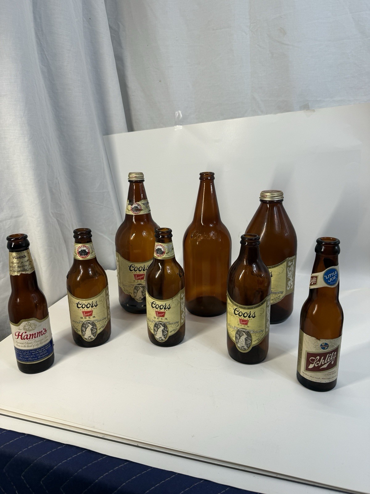 Vintage Amber Beer Bottle Lot Coors Schlitz Hamms Stubby Glass Breweriana 8 Pc 