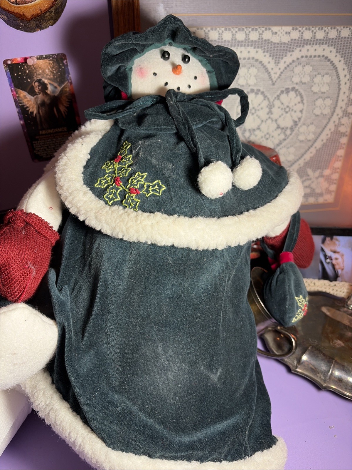 Vintage Delton Products Snowman Plush Soft Sculpture Green Velvet Christmas
