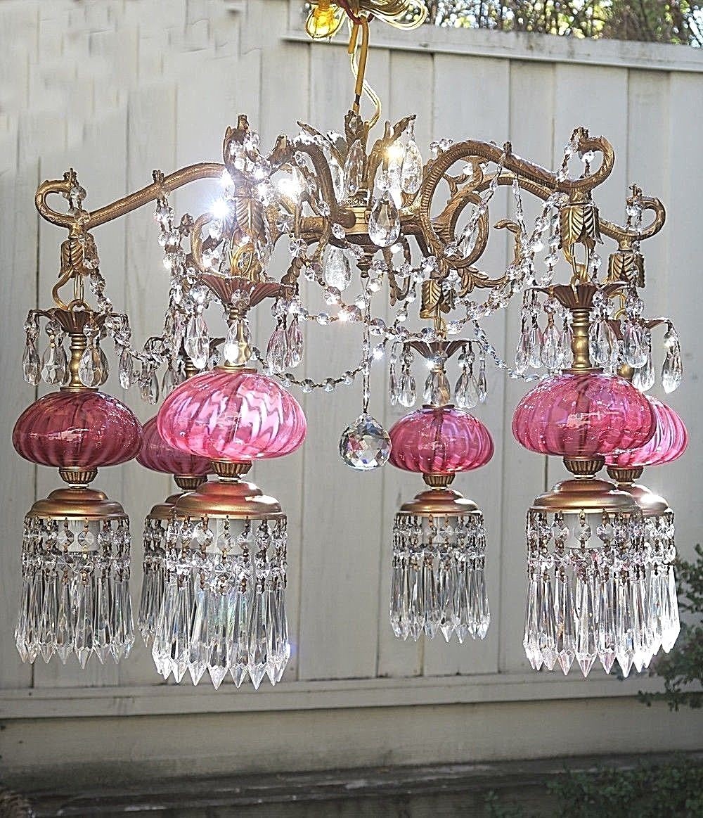 Fenton Chandelier lamp 6lite Vintage SWIRL cranberry glass Brass Bronze