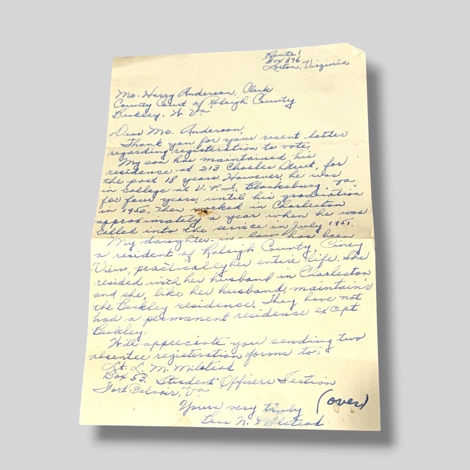 Vintage 1951 Handwritten Letter Virginia to West Virginia Voter Registration JX Vintage 1951 Handwritten Letter Virginia to West Virginia Voter Registration JX