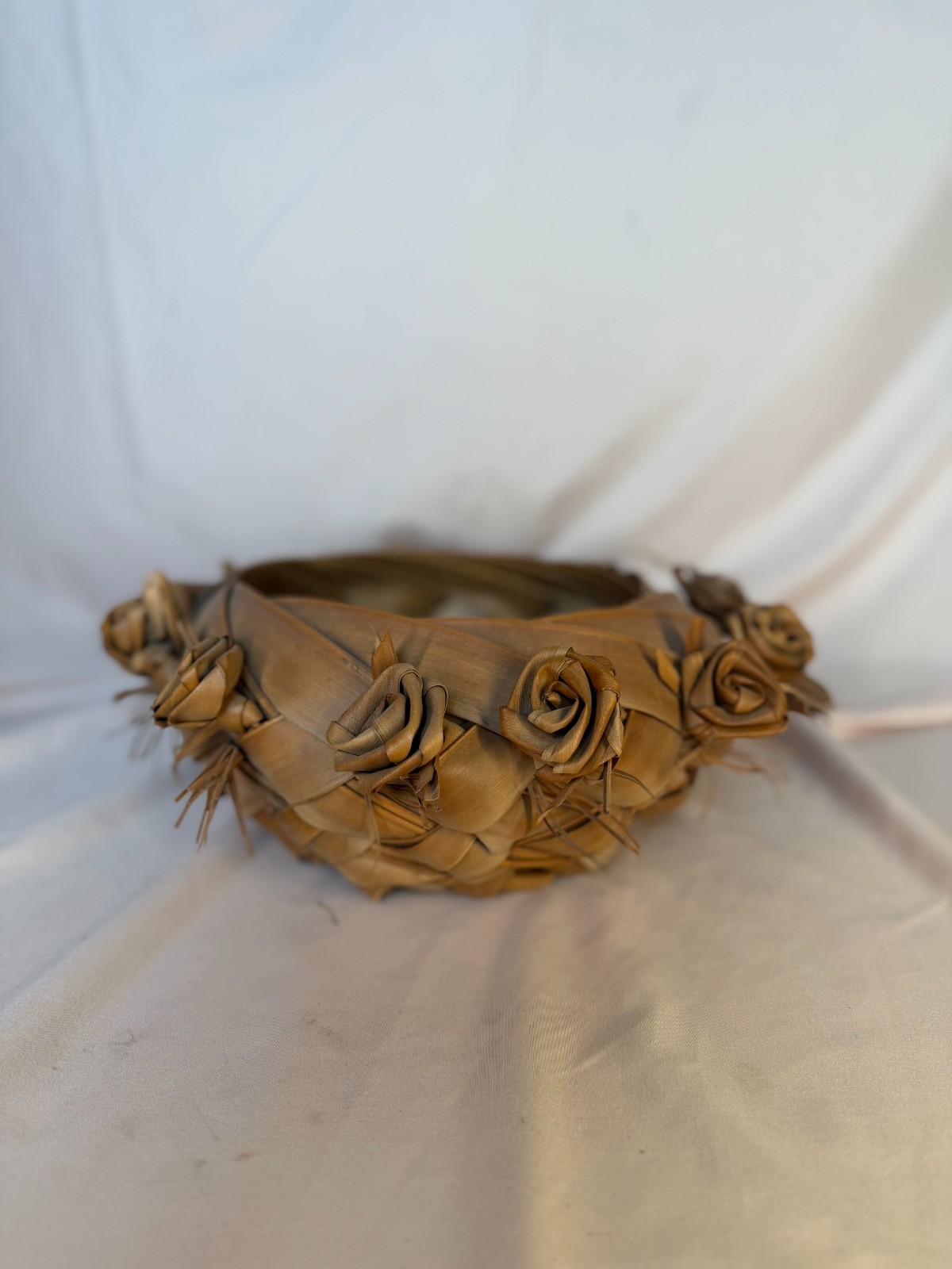 Vintage Hand Woven Palm Leaf Basket Woven Rose Flowers Tiki Hawaiian Decor Vintage Hand Woven Palm Leaf Basket Woven Rose Flowers Tiki Hawaiian Decor