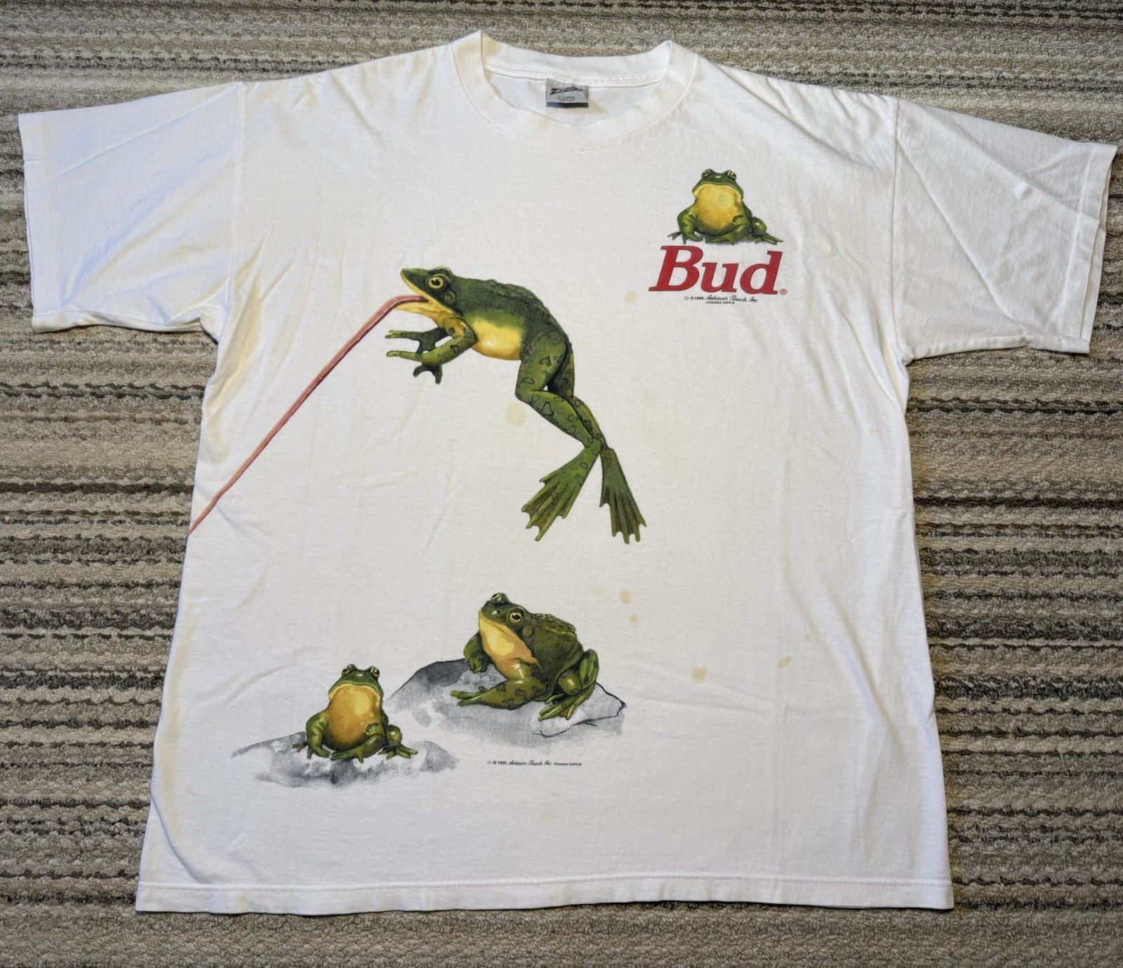 Vintage 90s Budweiser Tee Frogs T-Shirt Wraparound Tongue Trucker Mens XL White