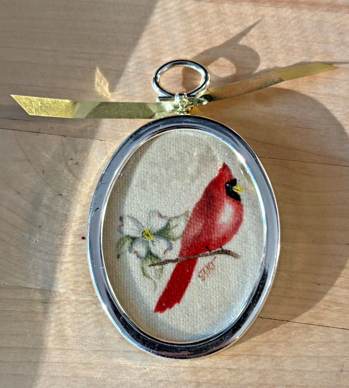 VTG Shirley Welch Signed Miniature Theorem Cardinal Dogwood Folk Art Painting