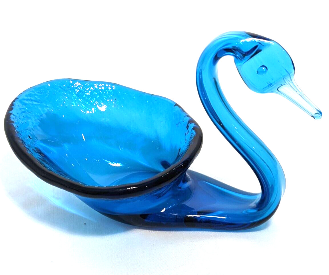Vintage Cobalt Blue Glass Art Swan Candy Dish Figurine MCM