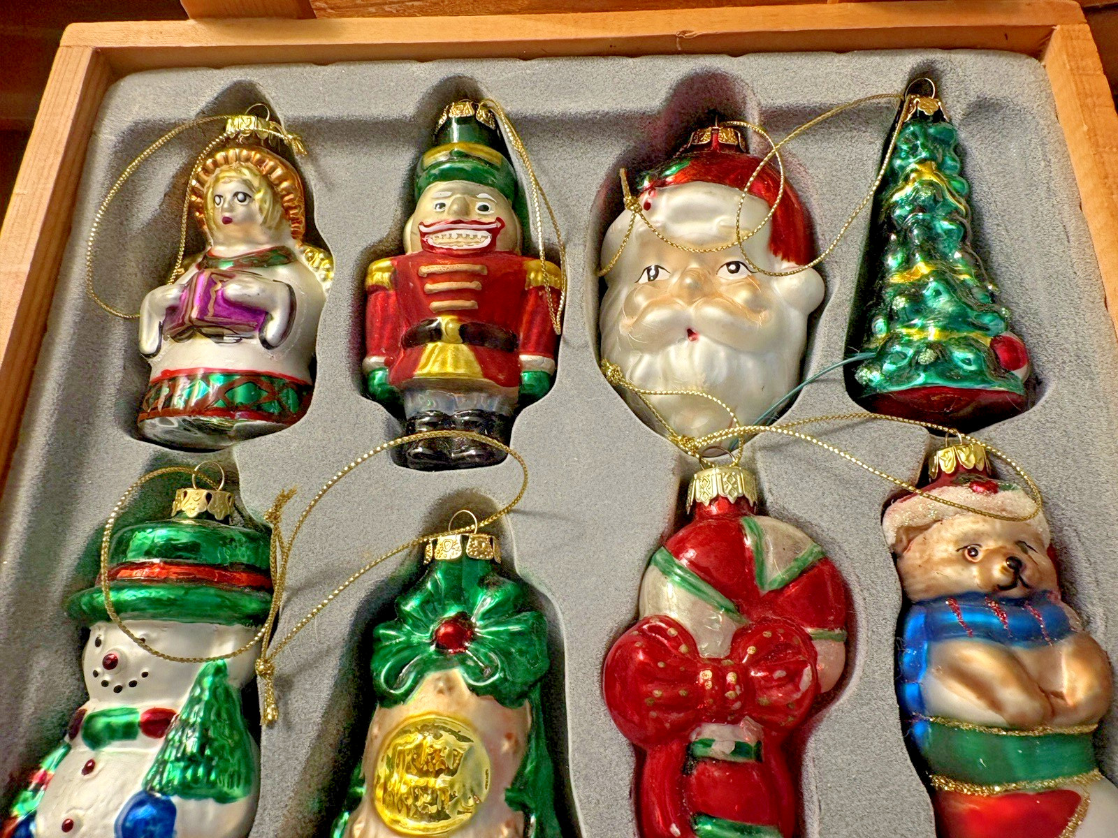 Rare 2003 Villeroy & Boch Blown Glass SET 8 Christmas Ornaments Wood Crate