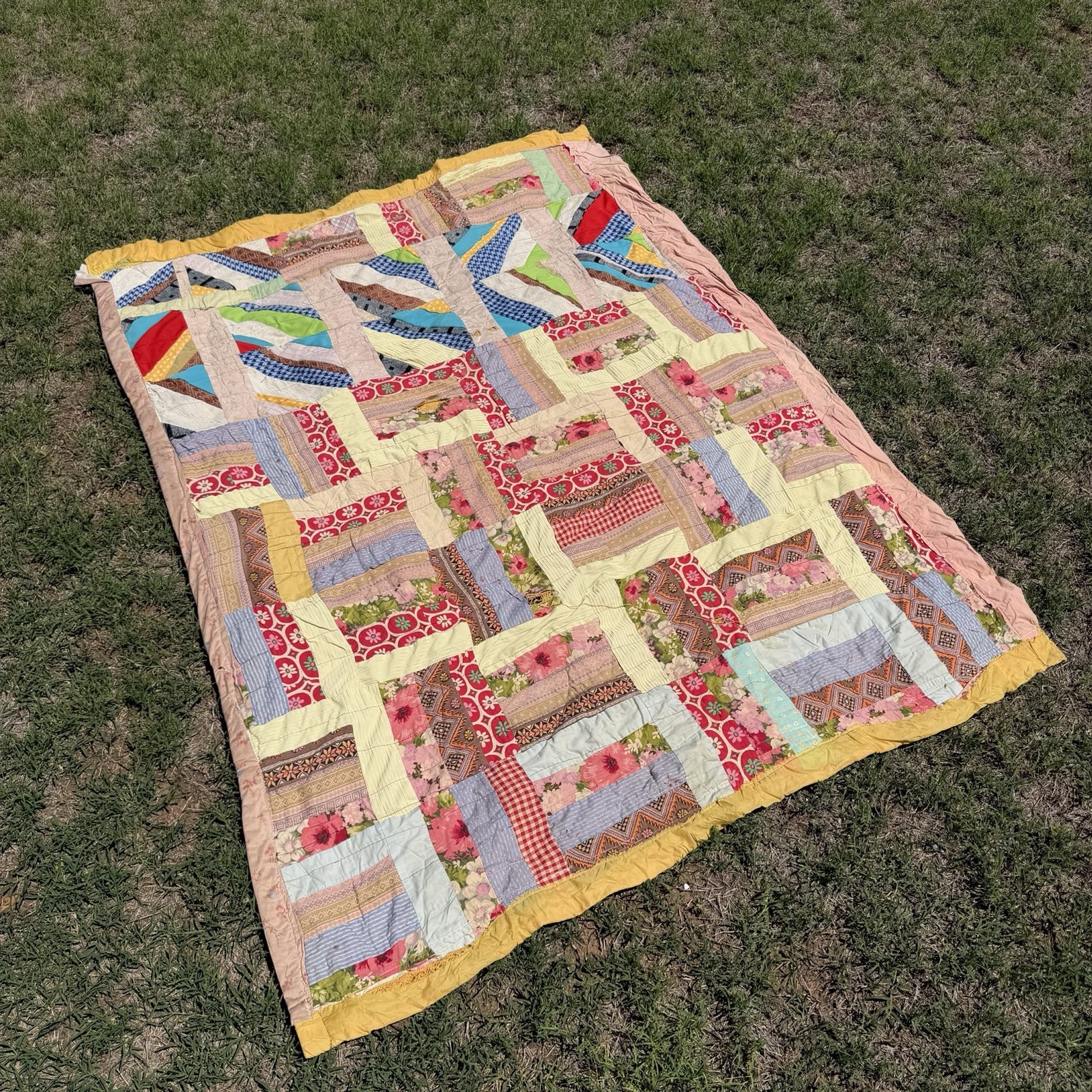 Depression Era Scrappy Patchwork Vintage Antique Quilt Crochet Binding 76x60