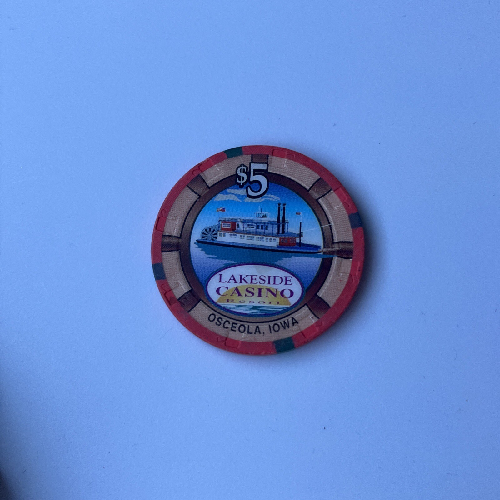 LAKESIDE HOTEL CASINO $5 hotel casino gaming poker chip - Osceola, Iowa