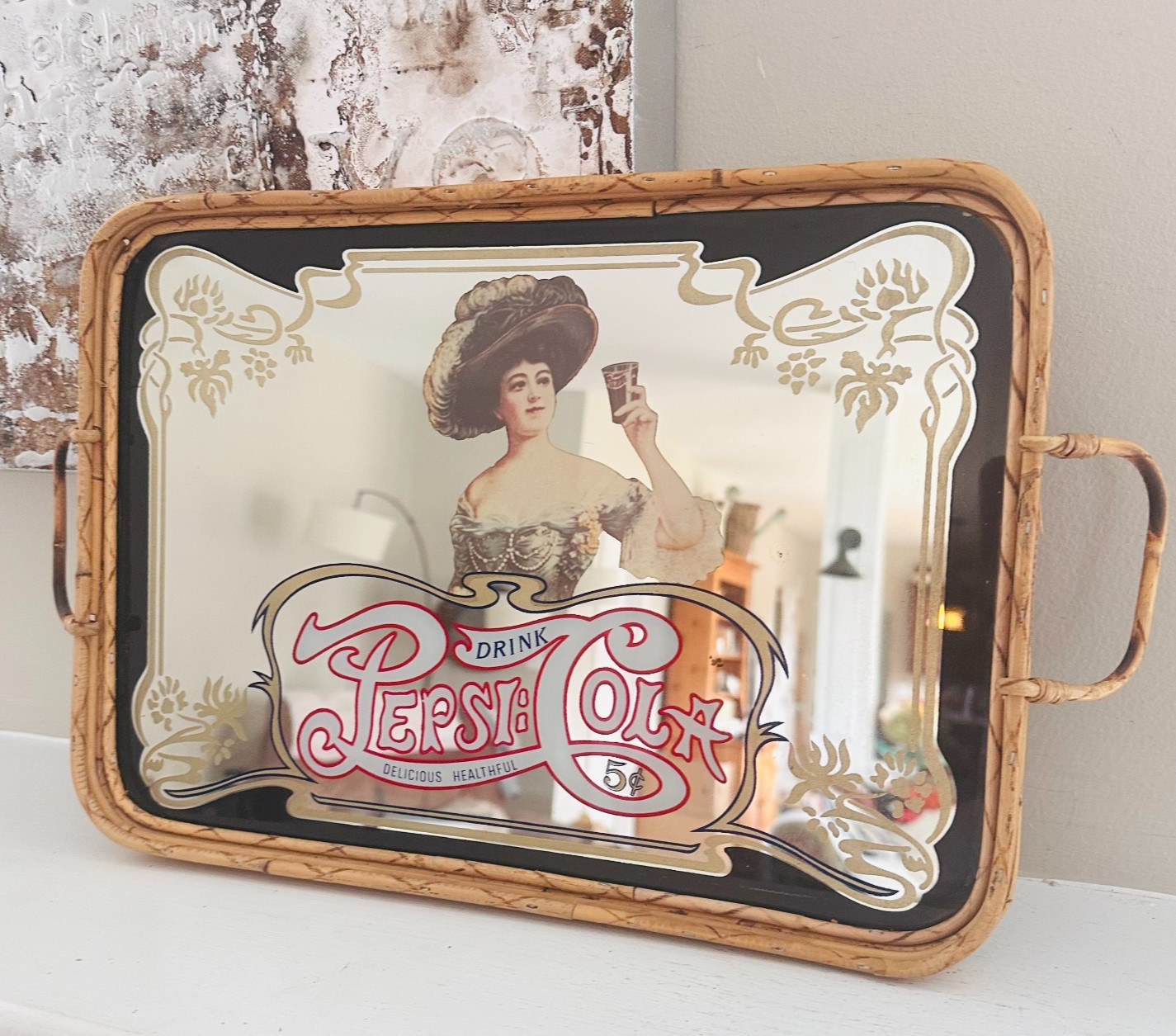Vtg 70\'s Pepsi Cola Mirror bamboo serving tray barware mancave 15.5\