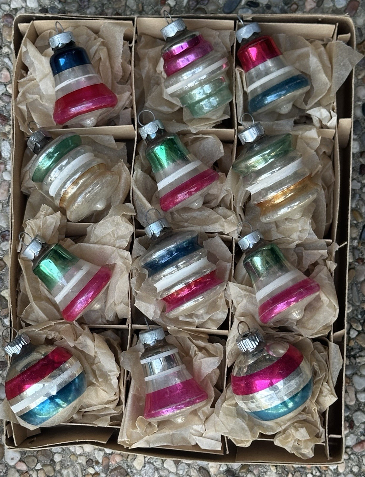 VTG Franke Made In USA Bell Lantern Tornado Stripe Glass Ornaments VTG Franke Made In USA Bell Lantern Tornado Stripe Glass Ornaments