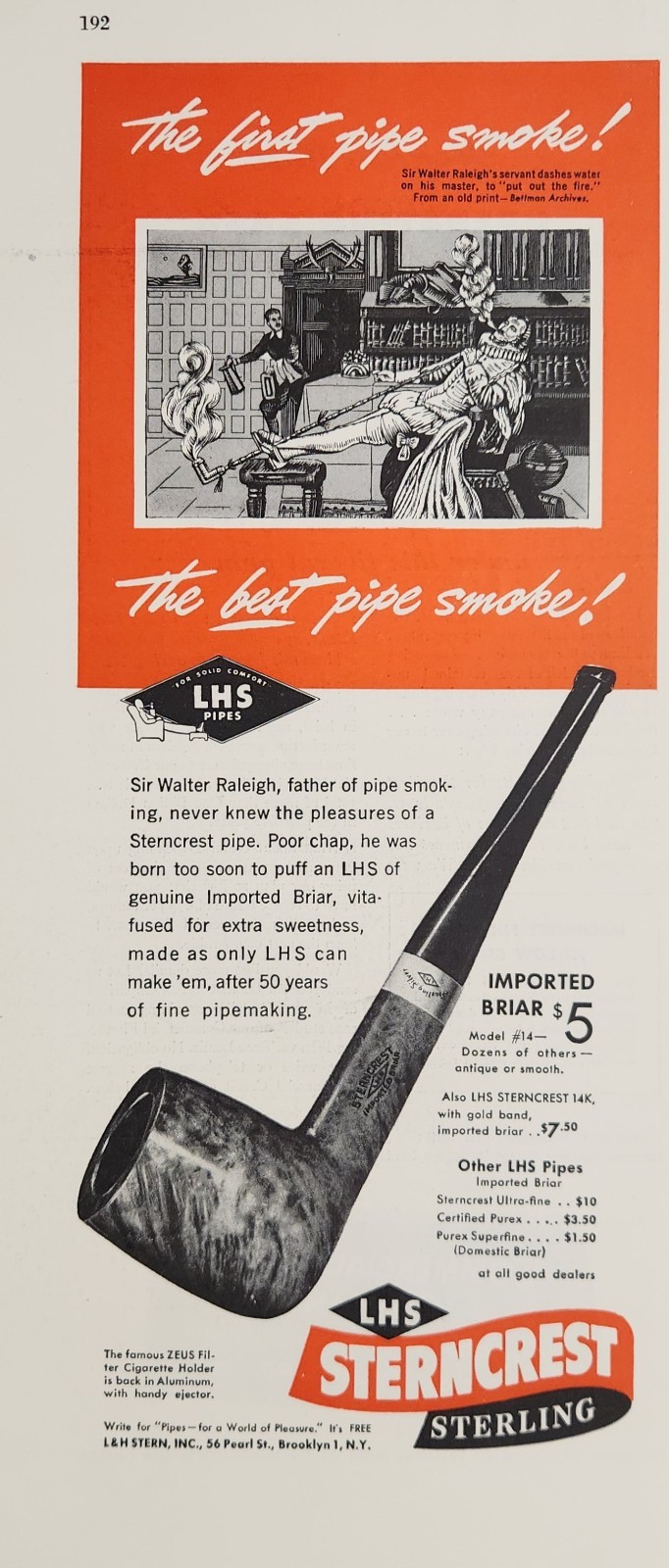 1946 Print Ad LHS Sterncrest Sterling Tobacco Pipes Sir Walter Raleigh Smokes 1946 Print Ad LHS Sterncrest Sterling Tobacco Pipes Sir Walter Raleigh Smokes