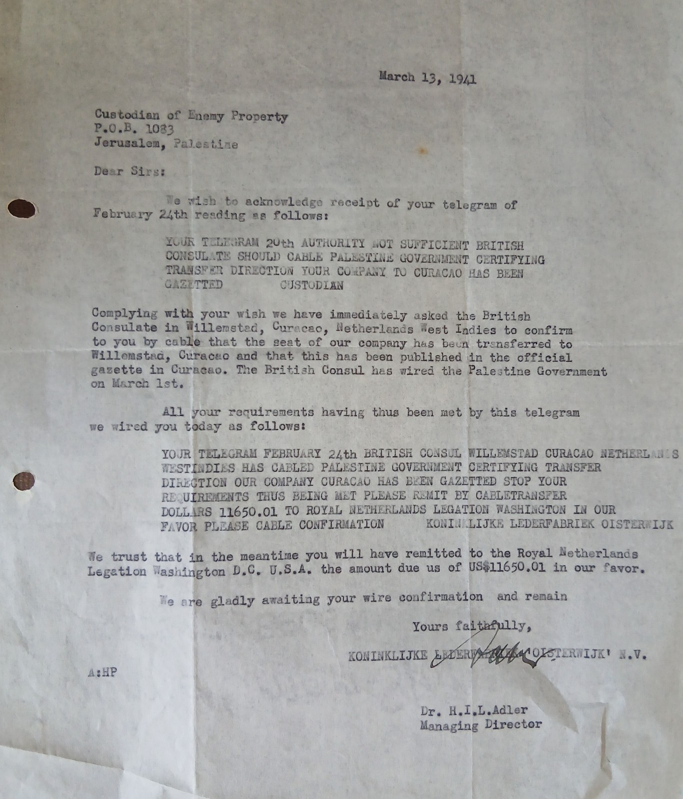 1941 Palestine Custodian Enemy Property Letter WWII Oisterwijk Adler Dutch Firm
