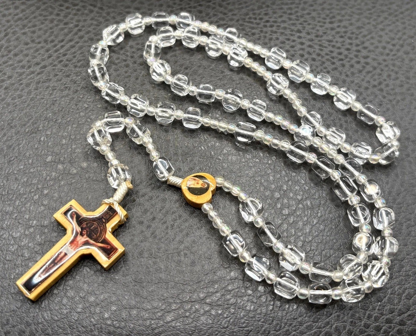 Vintage St Benedict Crucifix Rosary AB Clear Glass Beads Wood Cross 27” Vintage St Benedict Crucifix Rosary AB Clear Glass Beads Wood Cross 27”