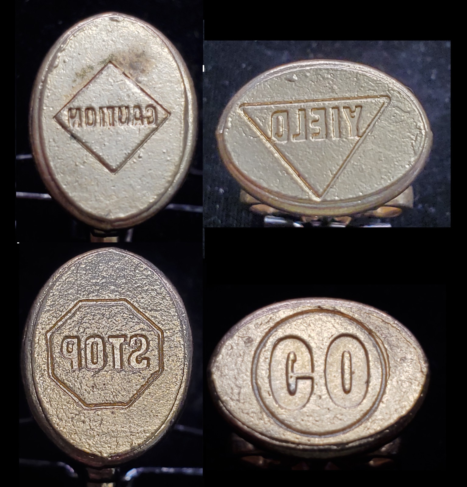Lot 4 Vintage Gold Tone Brass Traffic Sign Wax Seal Stamps STOP GO YIELD CAUTION