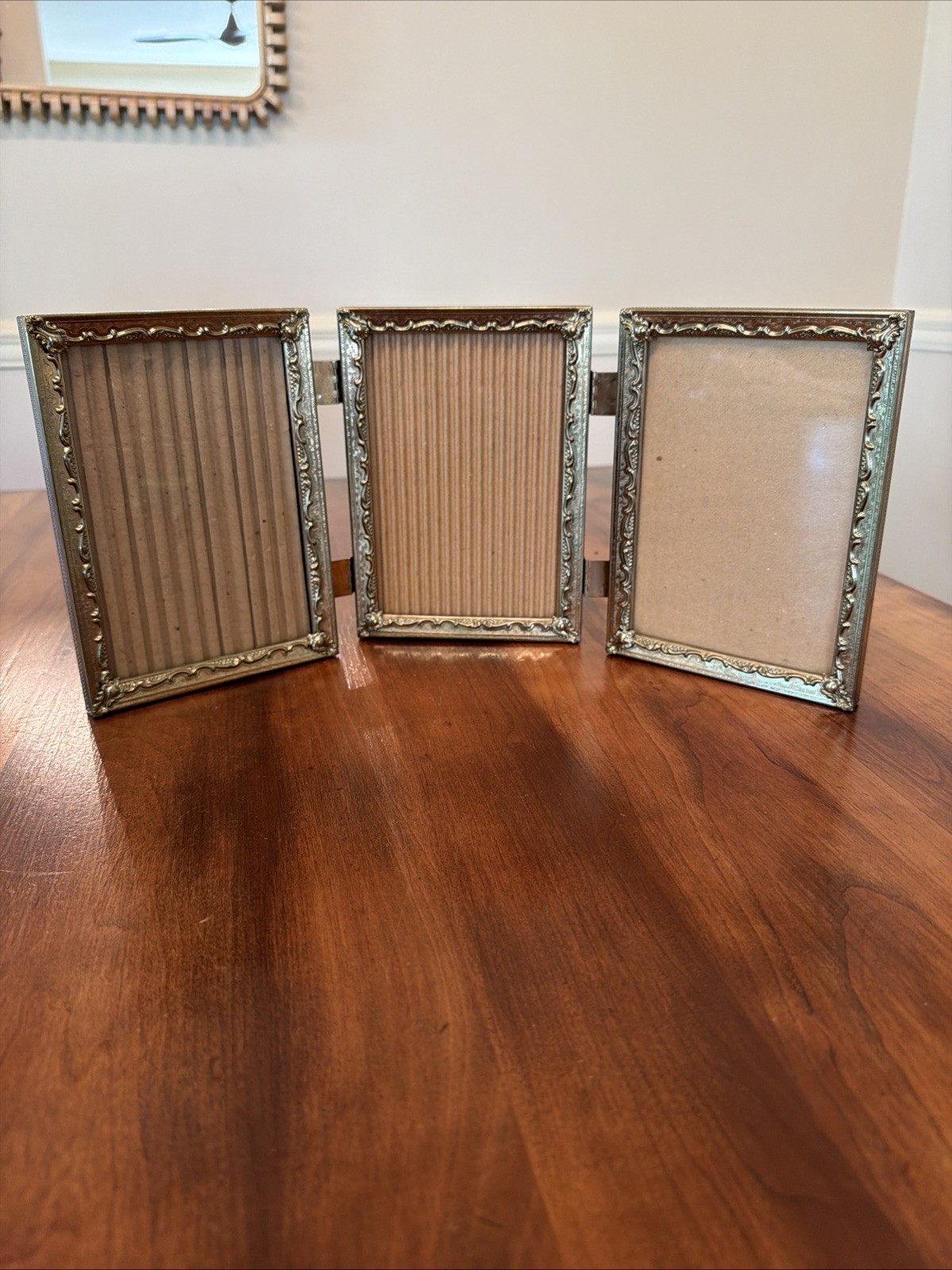 Vintage Tri-Fold Triple Hinged Gold Metal Picture Frame for 5 X 7 Pictures NICE