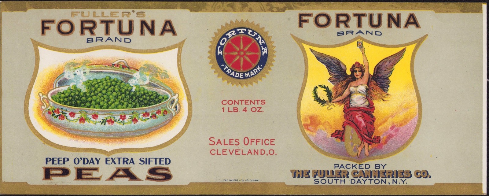 FORTUNA BRAND PEAS authentic antique can label South Dayton NY Calvert file copy