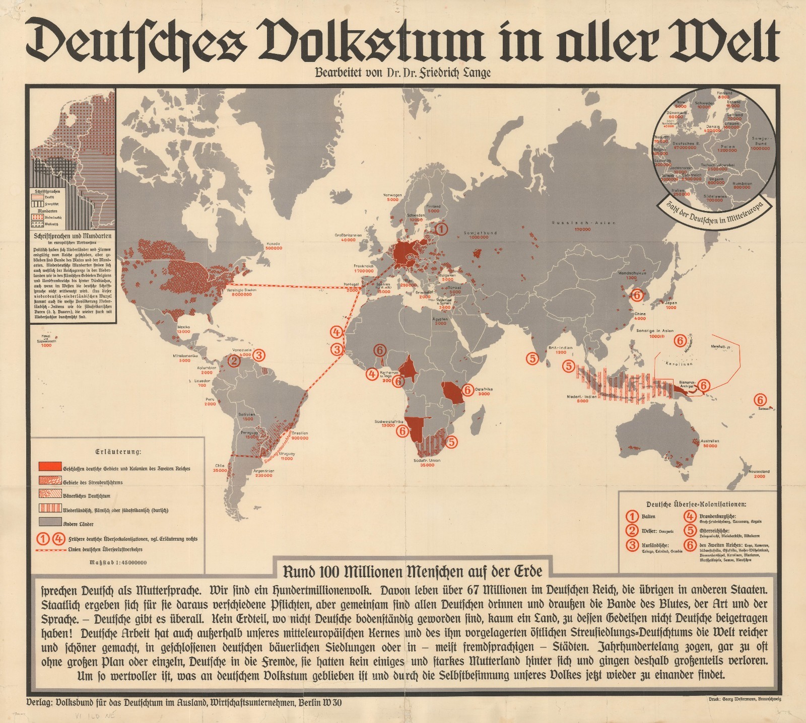 c. 1938 German Propaganda Map 'Deutsches Volkstum in aller Welt,' World War II
