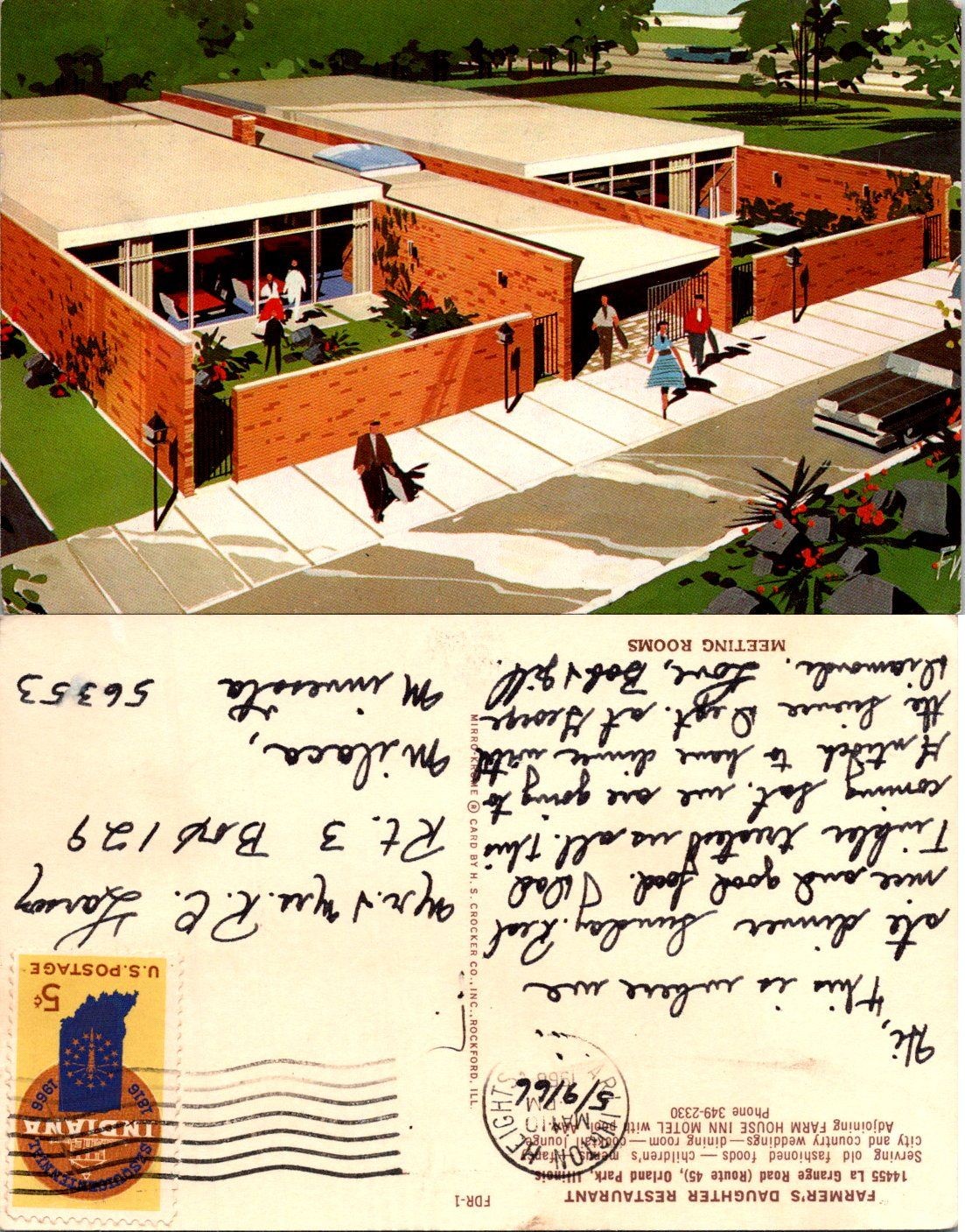 Meeting Rooms Postcard Mid Century Modern Brick Building Vintage 5c Stamp Posted