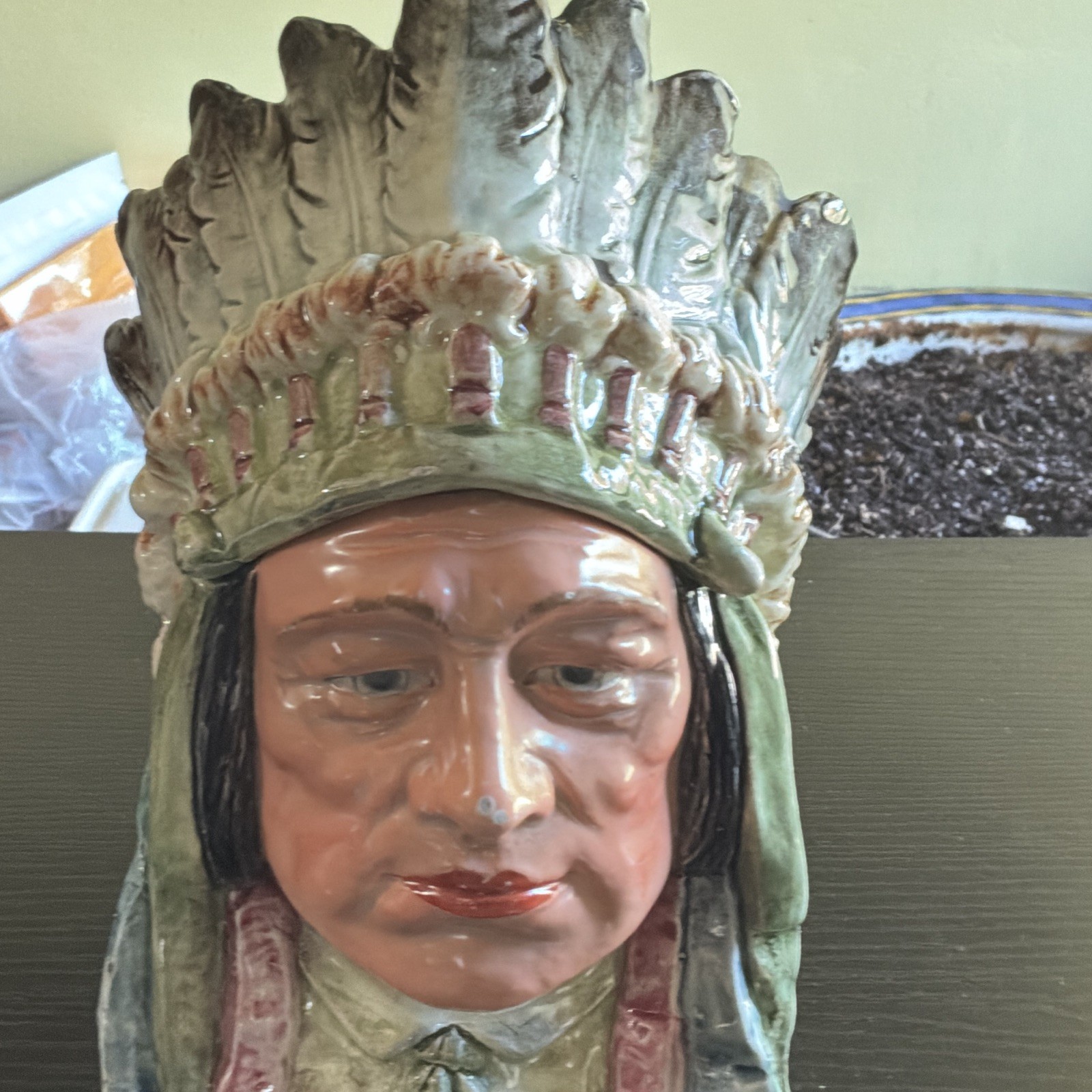 Antique or vintage ceramic Indian chief figural tobacco jar or humidor Antique or vintage ceramic Indian chief figural tobacco jar or humidor