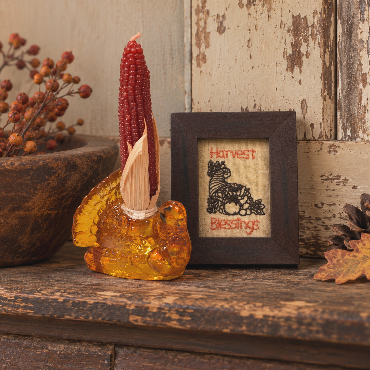 VTG Amber Glass Turkey Candle Holder | Corn Cob Candle Framed Harvest Embroidery VTG Amber Glass Turkey Candle Holder | Corn Cob Candle Framed Harvest Embroidery