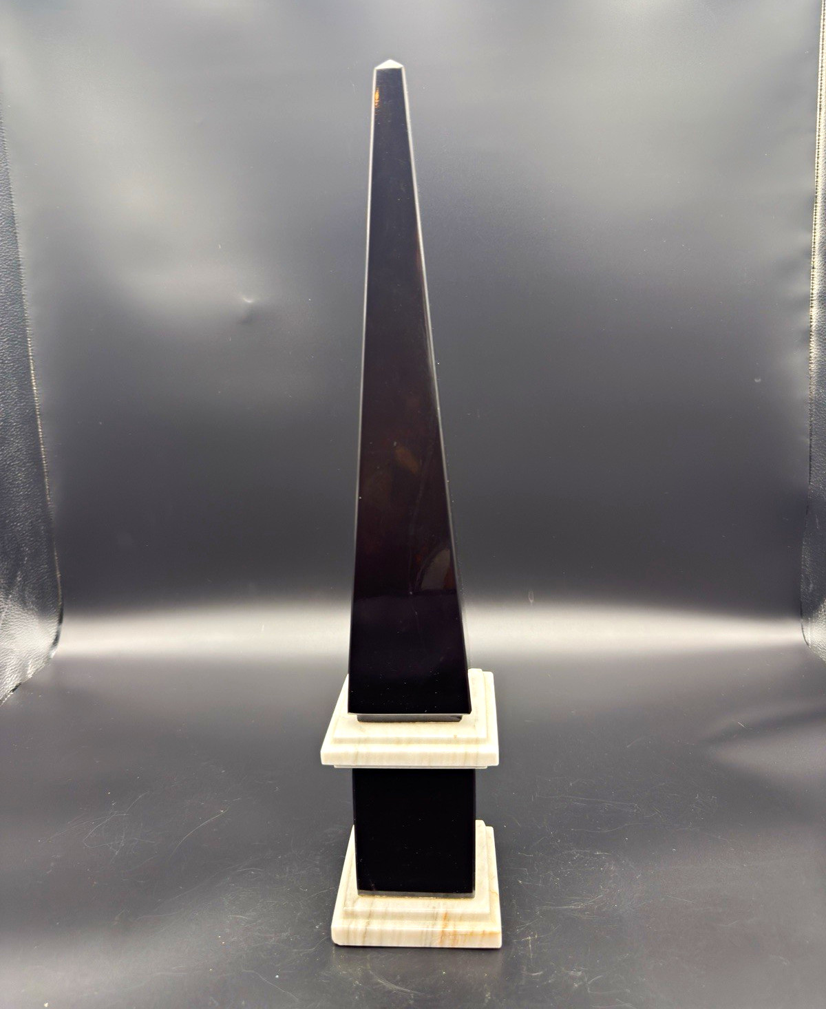 Vintage Polished Stone/Marble Obelisk Sculpture Black/White Base 20” Art Deco