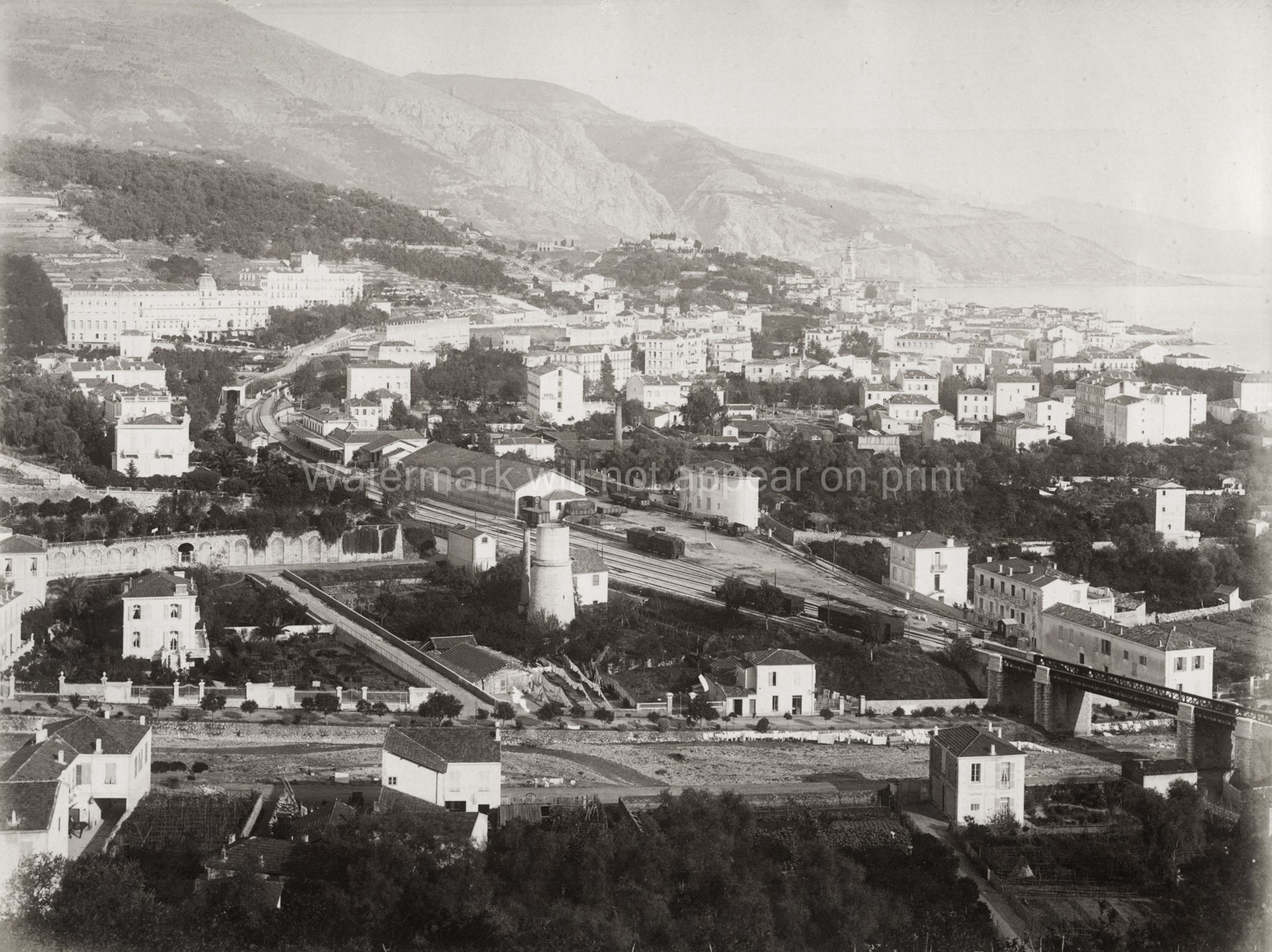 Menton France General View Cityscape Coastline Railway Hills Vtg. Photo 19thC.