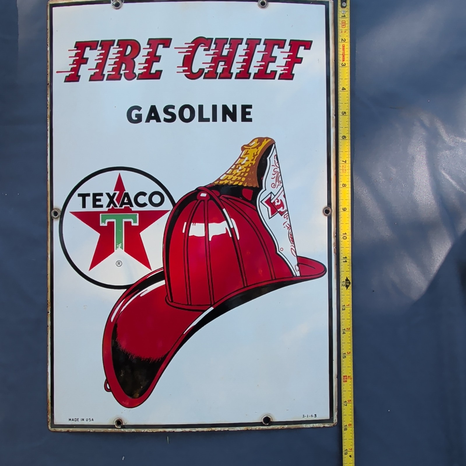 Early Original Vintage 1963 Texaco Fire Chief Porcelain Pump Plate Gas Oil Sign