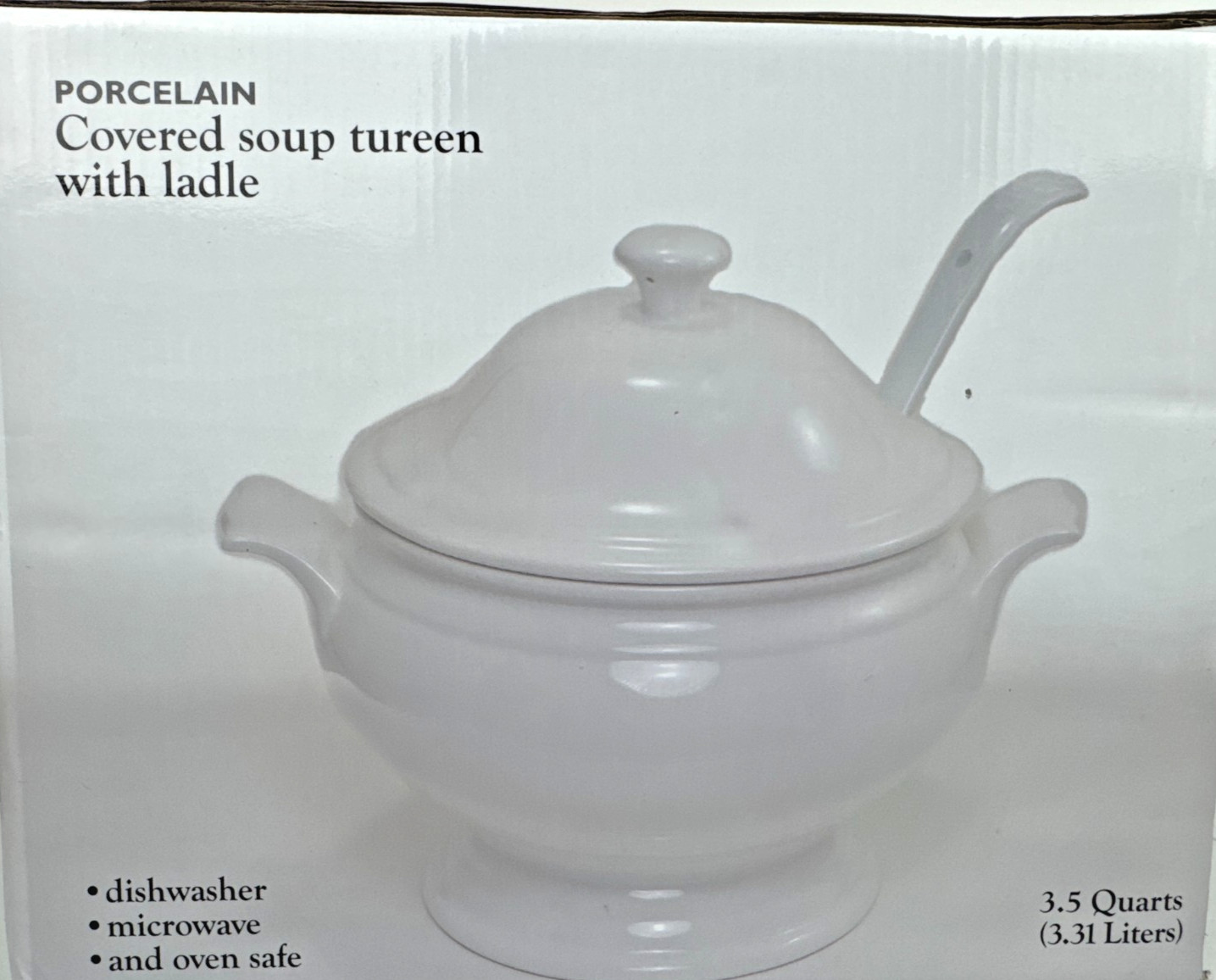 White Porcelain Soup Tureen 3.5 Quart with Lid and Ladle Open Box White Porcelain Soup Tureen 3.5 Quart with Lid and Ladle Open Box