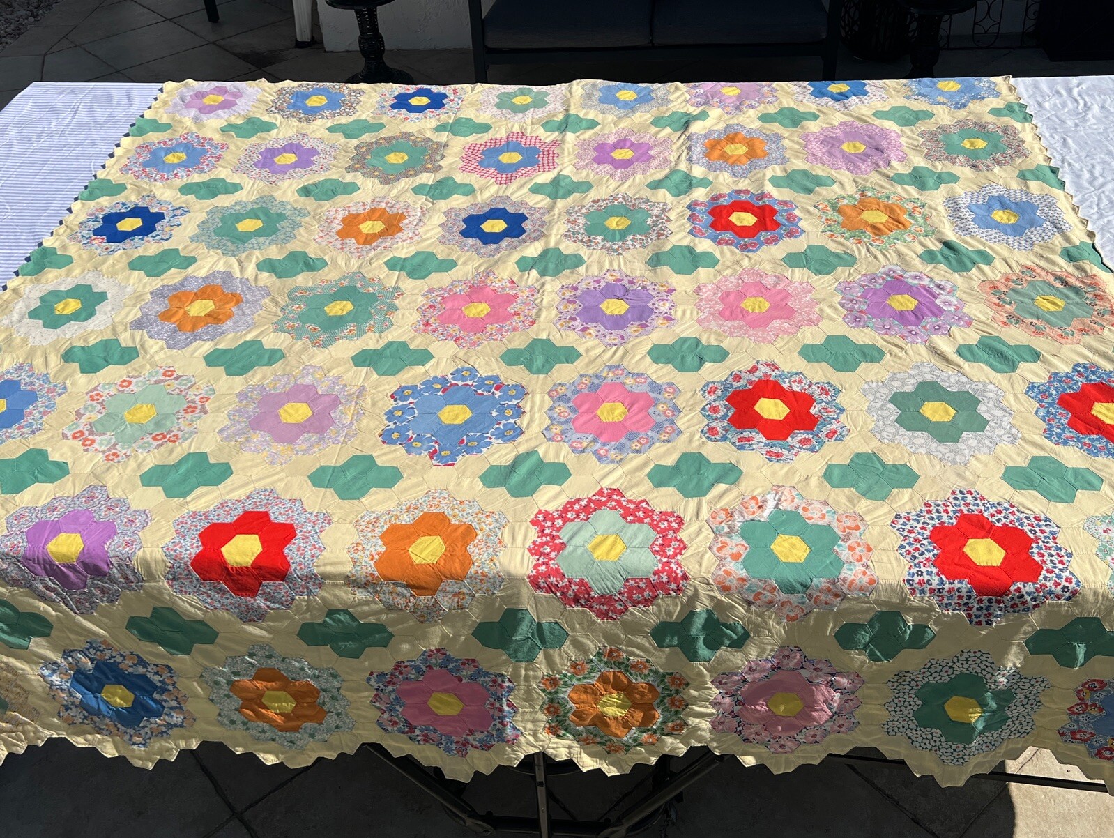 Vintage grandma’s Garden Hand Sewn Quilt. 80” X 80” Multicolor Vintage grandma’s Garden Hand Sewn Quilt. 80” X 80” Multicolor