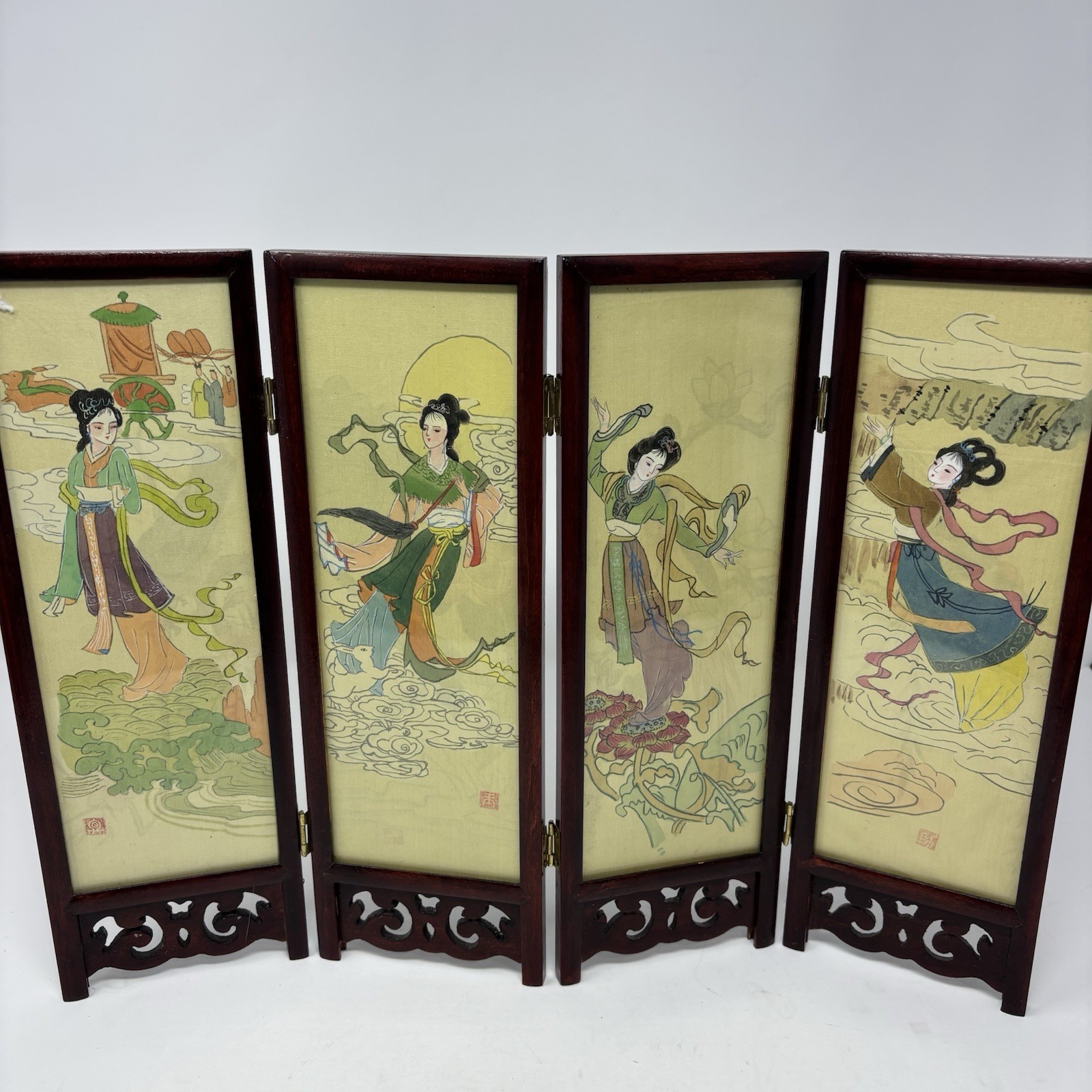 Vintage Chinese Folding Screen 4 Panel Reverse Geisha Bird Art Asian Decor 12x16