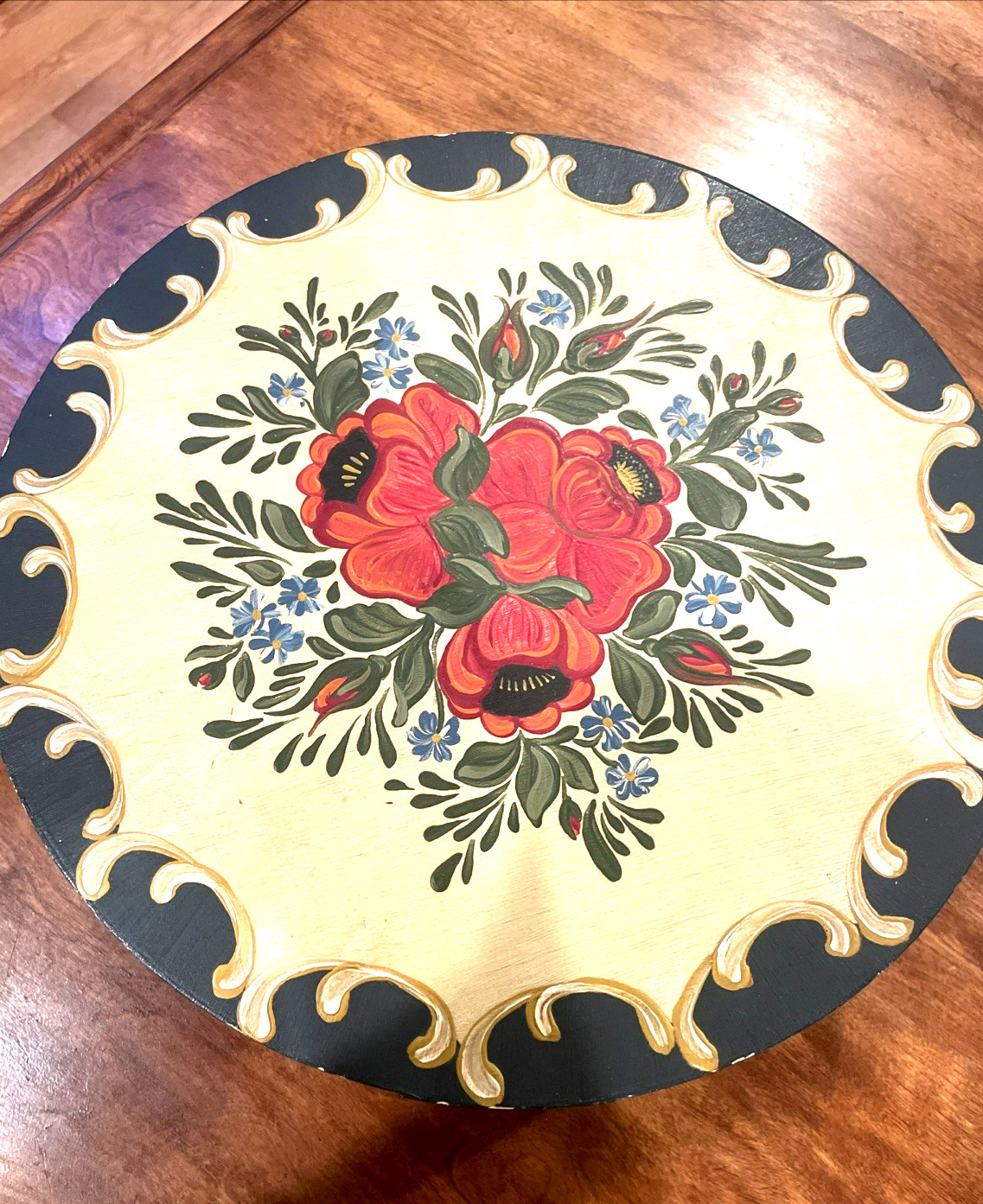 Vintage Norwegian Rosemaling Covered Wooden Box 12.5” Hand Painted Round Contain
