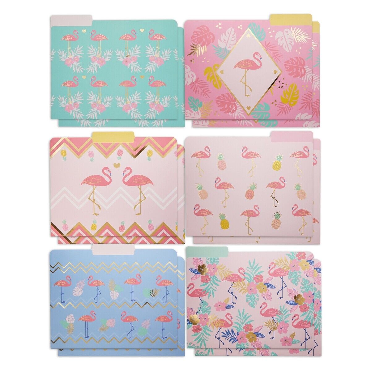 12 Pcs Decorative File Folders, Flamingo with Gold Foil, Letter Size
