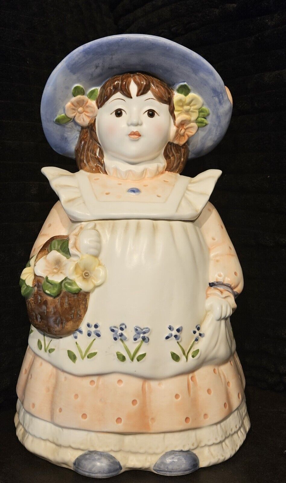 Takahashi Ceramic Cookie Jar - Girl In Bonnet With Basket Of Flowers 