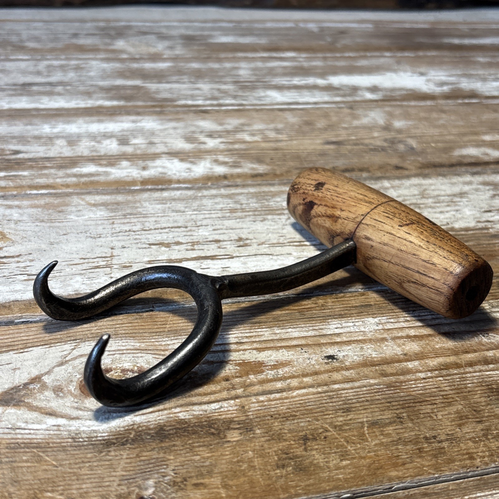 Vintage Twin Hooked Wooden Handled Bailing Hook,  Box Cargo Bale Hay Docker Tool