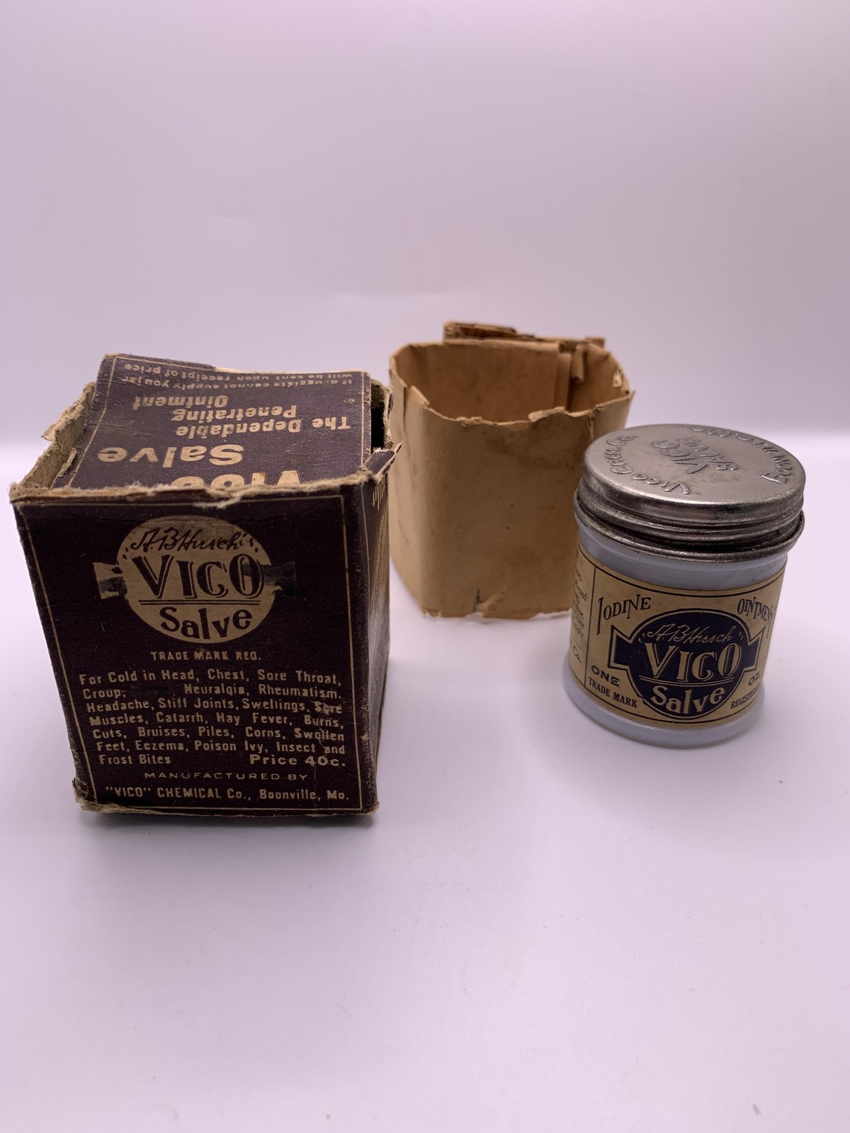 Vintage Vico Salve Ointment Jar Box And Insert Boonville MO USA Chem Co