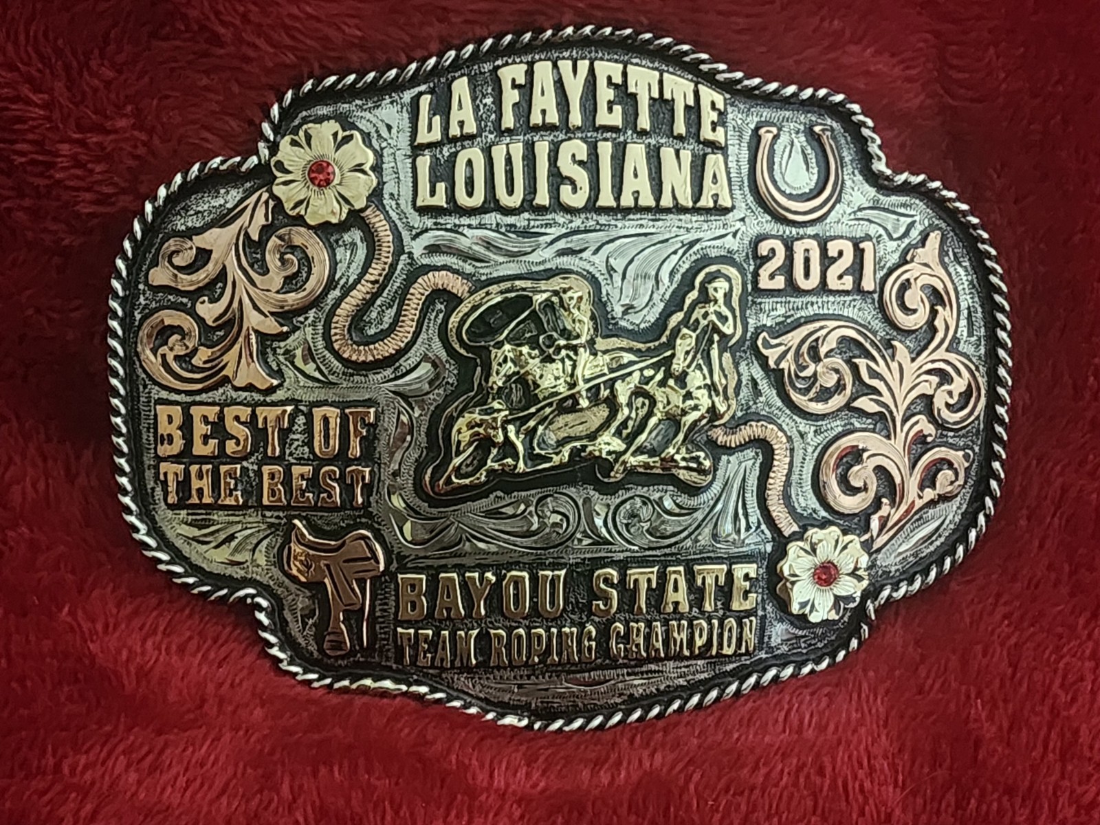 Team Roping Rodeo Champion Trophy Buckle☆La FAYETTE LOUISIANA☆2021☆Rare☆156
