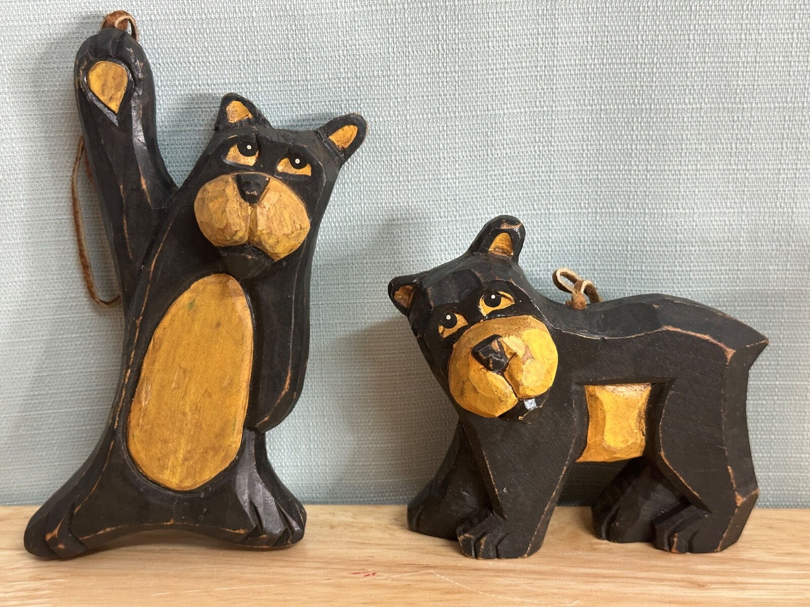 2 Pc Vintage Teddy Bear Hand Carved Solid Wood - Very Arts & Craft Style 6.5”