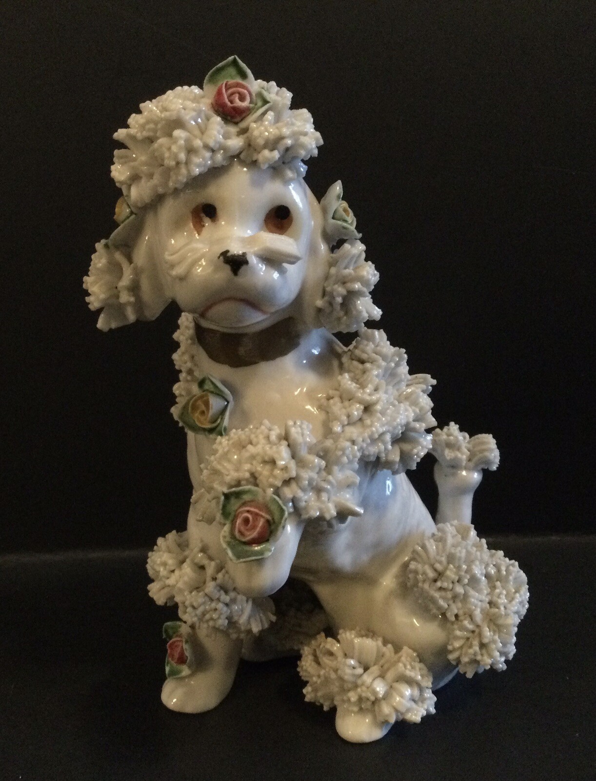 Vintage Poodle with Flowers ceramic spaghetti trim ceramic figurine approx. 5