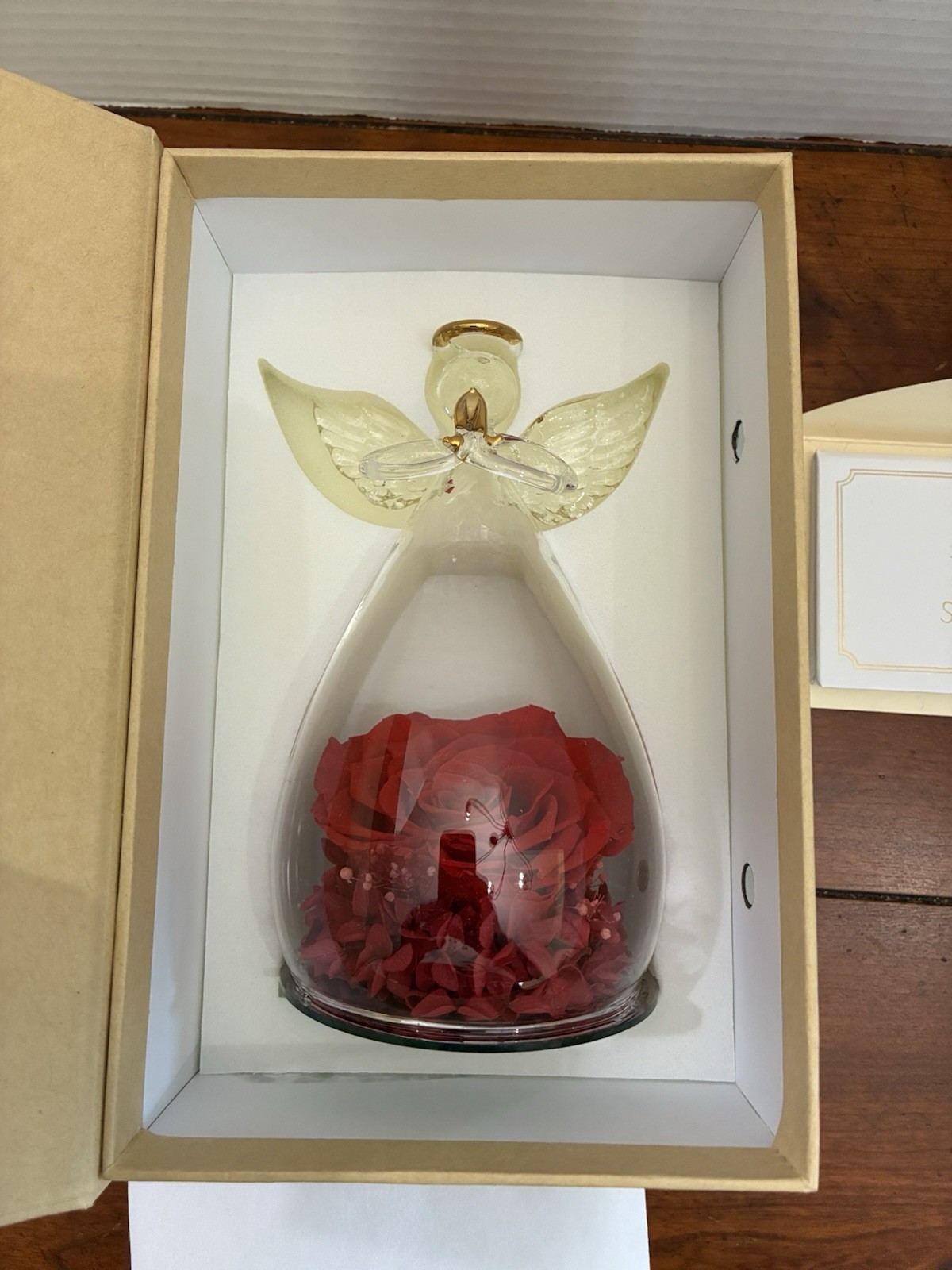 SACREDYNA GLASS ANGEL FIGURINE RED PRESERVED ROSE FOREVER FLOWERS W/ BOX