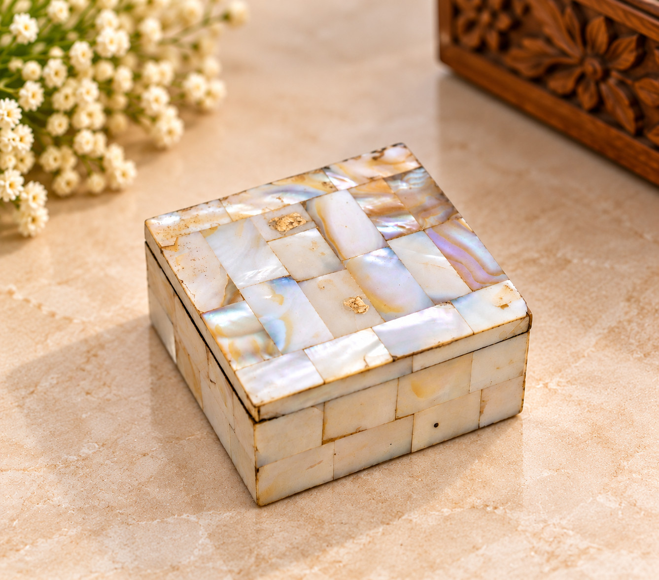 Vintage Handcrafted, Overlaid MOP on wooden trinklet Box