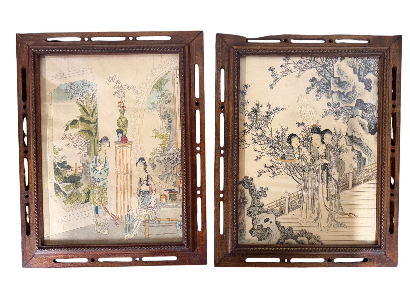 Two Matching Antique Japanese Wood Oak Picture Frames With Glass And Lithographs