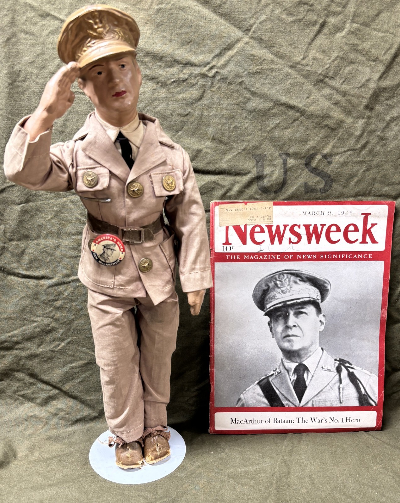 Original Freundlich General MacArthur 18” Military Doll & Newsweek ~ WWII 1942