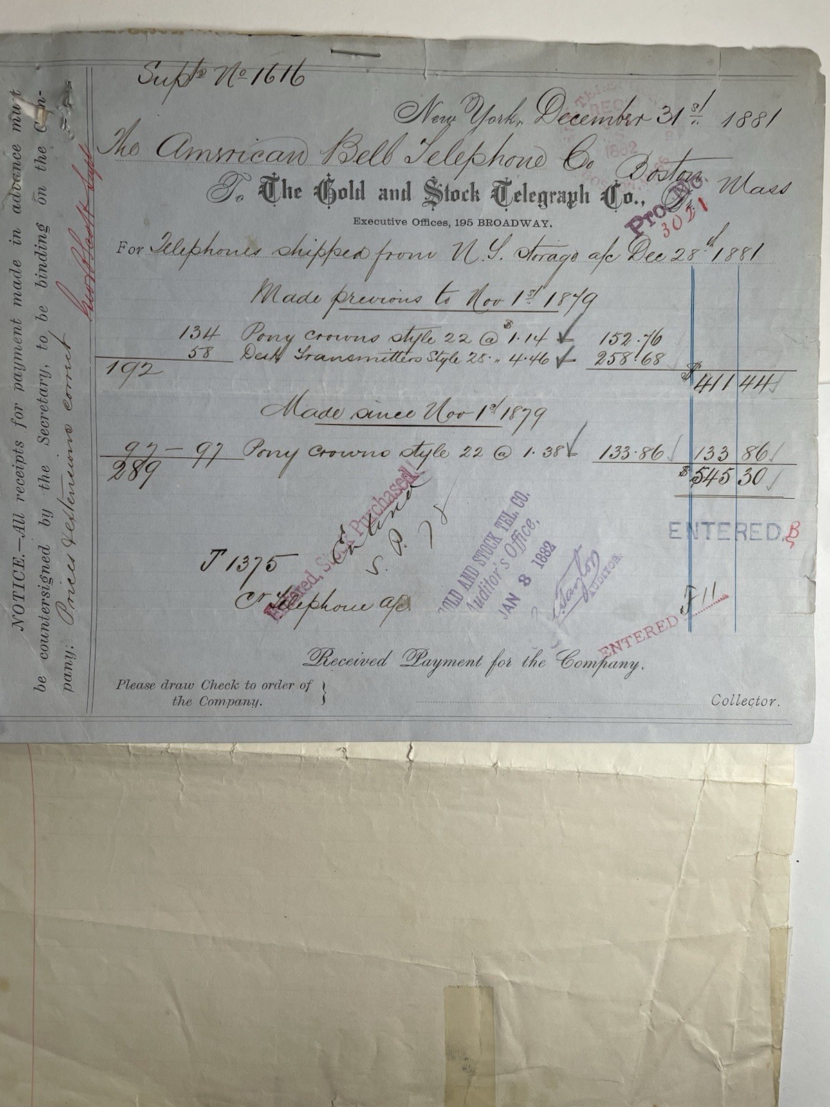1881 American Bell Telephone Co Antique Invoice Gold Stock Telegraph Edison Era