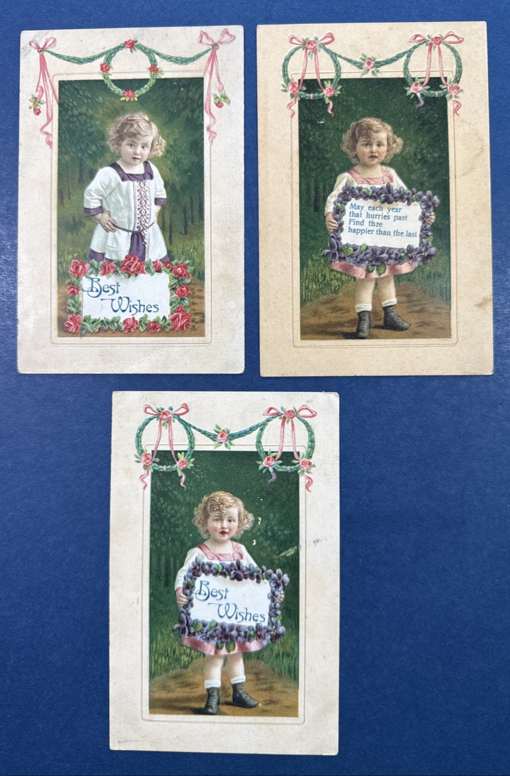 SET 3 Children Greetings Antique Postcards. EMB. Flowers. Pretty Child